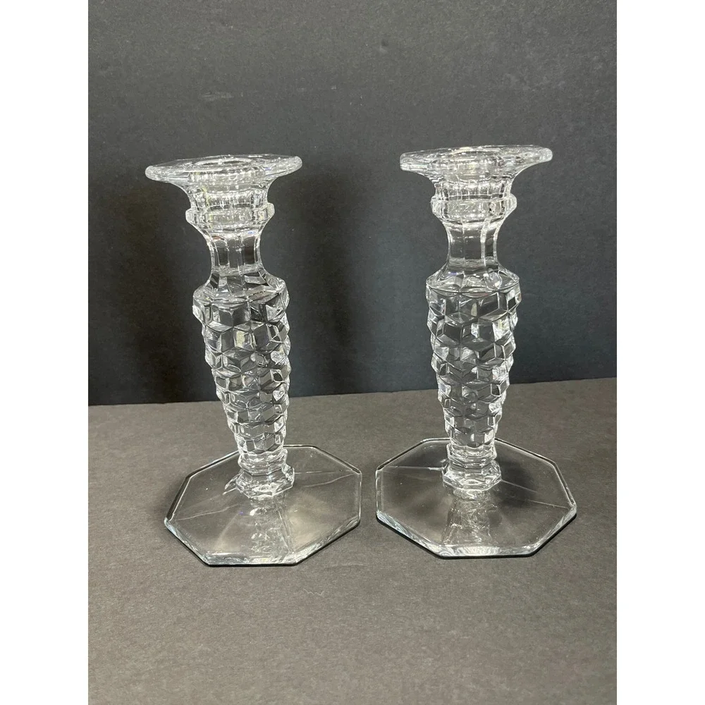 Vntg Crystal Glass Candlestick Holders Set of 2 Hexagon Base Diamond Cut 6.25